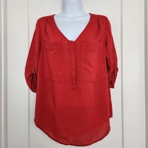 Anthropologie Maeve Blouse S Red Roll Tab Sleeve Henley Tunic Top Boho Office